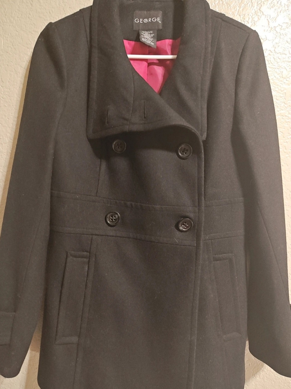 George Black Double-Breasted Pea Coat with Pink Lining